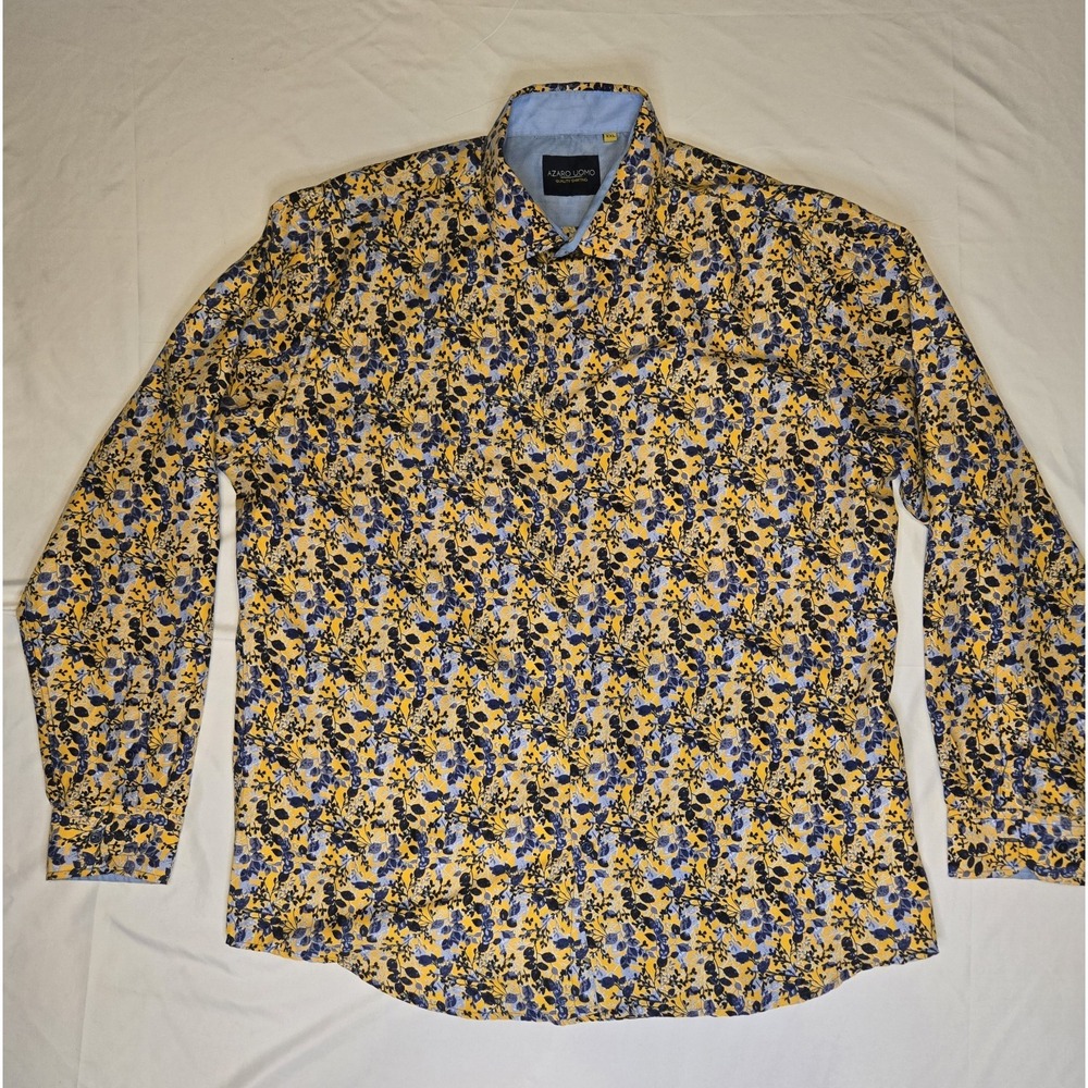 Azaro‎ Uomo Mens 2X Italian Style Long Sleeve Dress Shirt Yellow Blue Button Up